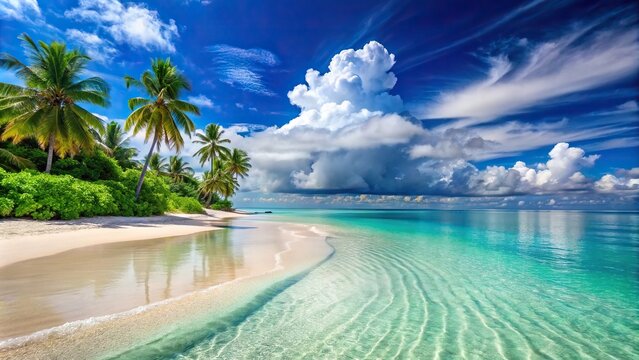 Serenity of a beautiful tropical beach with crystal clear waters and white sandy shore, Tropical, Beach, Coastline