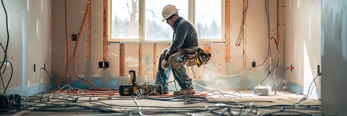 Poster - An electrician wearing a hard hat is working on electrical wiring in an unfinished room, with exposed wires and tools on the floor. Generative AI