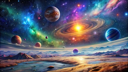 Wall Mural - Surreal outer space landscape with colorful planets, swirling galaxies