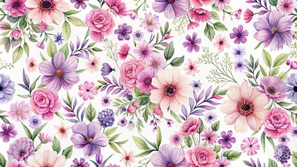 Wall Mural - Seamless floral pattern with delicate pink and purple flowers on a white background, floral, seamless, pattern, pink