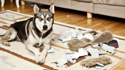 Canvas Print - A husky dog laying on a rug with broken pieces of paper, AI