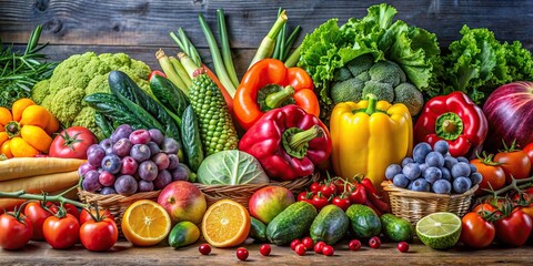 Poster - Colorful organic fruits and vegetables on background, Organic, Vibrant, Fresh, Healthy, Produce, Natural, Nutrition, Farm, Market