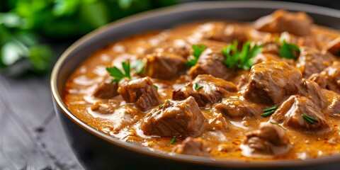 Wall Mural - Russian Beef Stroganoff Indulge in Rich, Hearty Flavors and Creamy Texture. Concept Russian Cuisine, Beef Stroganoff, Creamy Dishes, Classic Recipes, Comfort Food
