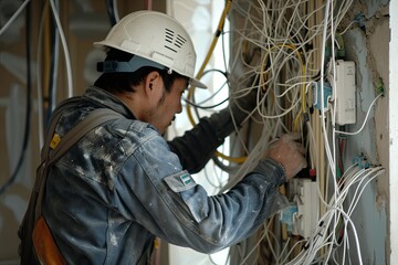 Poster - An electrician, wearing a hard hat and work clothes, works on electrical wiring inside an open wall during a construction project. Generative AI