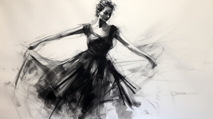 wide entertainment banner, black and white illustration charcoal pencil sketch drawing of women dancing and performing on stage with beautiful long dress, active live event scene in white background