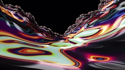 Wall Mural - Flying through neon mountain fractal marble land with black background. Modern topography map, data, abstract backdrop