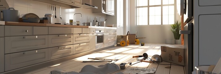 Poster - Upgrading a kitchen with new cabinets, countertops, and tools in progress. Shows transformation from old to new, emphasizing quality and style. Generative AI