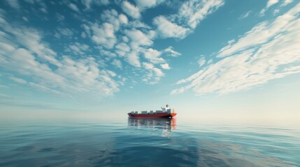 Wall Mural - A container ship at anchor in the middle of the ocean, surrounded by endless water and sky, with space in the sky for adding text or promotional messages