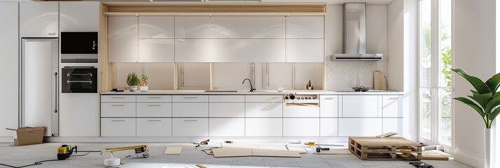 Poster - A modern kitchen undergoing a stylish transformation, with new cabinets being installed, countertops taking shape, and tools scattered throughout. Generative AI