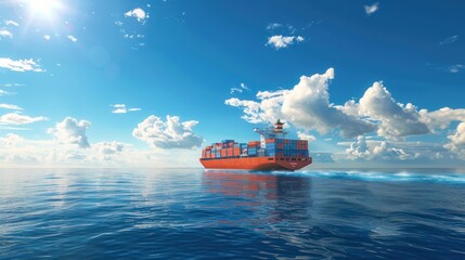 Wall Mural - A majestic container ship sailing across the vast expanse of the ocean, with a clear blue sky above and ample space in the sky for text or branding