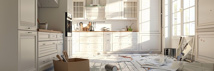 Poster - A modern kitchen under renovation with new cabinets being installed, countertops in progress, and tools scattered around. Generative AI