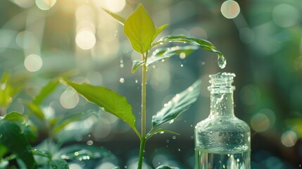 Poster - Close up of plant chemistry process with droplet falling from leaf into bottle blurred background Adequate text room