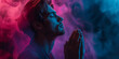 © ana - Handsome young man praying to god. Unique prayer concept with a fantasy vibrant ethereal colorful approach. Conceptual image of prayer and thankfulness. With copy space. Glowing light of god.