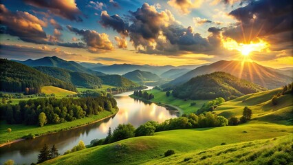 Wall Mural - Idyllic sunset over green hills, mountains, and river, sunset, idyllic, green, hills, mountains, river, scenic
