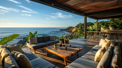 Wall Mural - Luxurious tropical beach house living room with a panoramic ocean view at sunset 