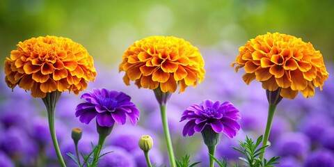 Wall Mural - Three vibrant marigold flowers contrasted with four delicate purple blooms , marigolds, purple flowers, contrast, vibrant, delicate