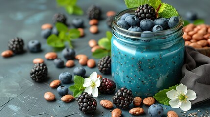 Wall Mural -   Blueberry, Raspberry & Blackberry Mason Jar with Nuts & Mint Leaves