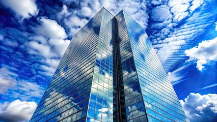 Wall Mural - Modern glass skyscraper with reflective surface capturing blue sky and fluffy clouds, skyscraper, glass, modern, architecture