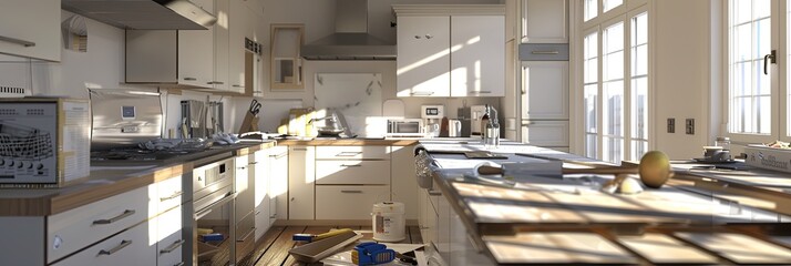 Aufkleber - Renovating a modern kitchen with new cabinets and a countertop in progress. Tools, materials, and natural light capture the transformation from old to new. Generative AI