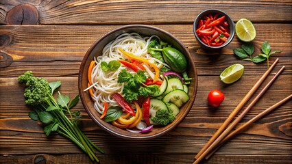 Wall Mural - Vietnamese stir-fried vegetables pho bowl with fresh toppings on a wooden table, Vietnamese, stir-fried, vegetables, pho