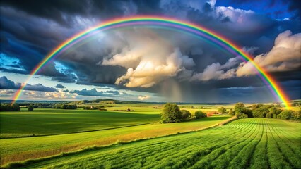 Wall Mural - Vibrant rainbow over lush green fields under stormy sky, rainbow, vibrant, curving, stormy sky, fields, green, lush