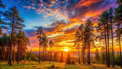 Wall Mural - Vibrant sunset casting warm colors on trees in a peaceful forest setting, sunset, forest, nature, trees, dusk, evening
