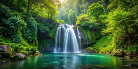 Wall Mural - Serene waterfall surrounded by lush green forest, waterfall, forest, nature, tranquil, landscape, cascading, serene