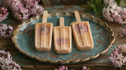 Wall Mural -  Three popsicles sit atop a blue plate, surrounded by pink and white flowers on a nearby table