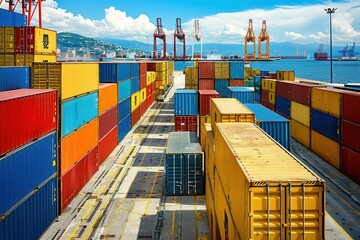 bustling international shipping port with colorful cargo containers and cranes global trade