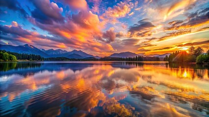 Wall Mural - Backdrop of a beautiful sunset over a mountain range with a calm lake reflecting the colors of the sky, sunset, mountain, range