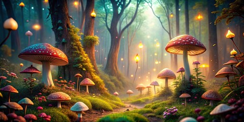 Enchanted forest with glowing mushrooms and fairytale creatures, Fantasy, Landscape, Magical, Enchanted, Forest