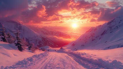 Wall Mural -   The sun sets over snow-covered mountains, revealing a road in the foreground