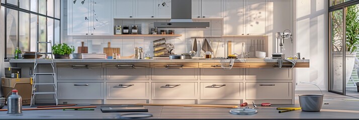 Poster - A recently renovated kitchen with new cabinets and countertops being installed, showing the transformation from old to new. Tools and materials are scattered. Generative AI