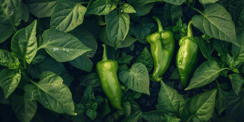 Wall Mural - A vibrant green background of chili peppers growing in the garden