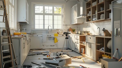Poster - In a renovated kitchen, new cabinets and countertops are being installed, surrounded by tools. The focus is on quality and style in this transition. Generative AI