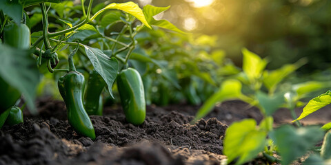 Green peppers growing in the garden, illuminated by sunlight