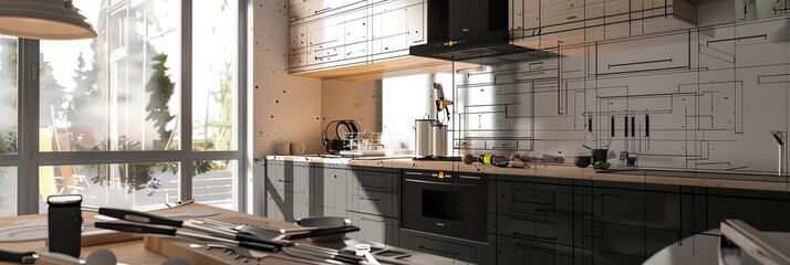 Poster - A modern kitchen under renovation with new cabinets being installed and countertops in progress. Generative AI