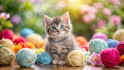 Wall Mural - Cute kitten playing with colorful yarn balls in a flowery setting, adorable, playful, kitten, yarn balls, colorful, flowers