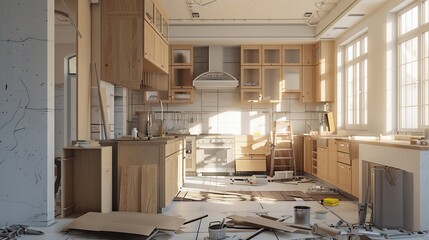 Poster - A modern kitchen under renovation with new cabinets being installed and countertops in progress. Generative AI