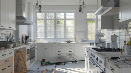 Poster - During kitchen renovation, new cabinets and countertops are being installed, showcasing the transition from old to new with scattered tools. Generative AI