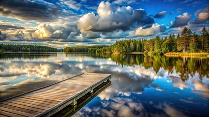 Wall Mural - Wooden dock on lake next to forest with clouds in sky, wooden dock, lake, forest, trees, clouds, sky, peaceful, serenity