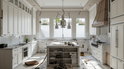 Poster - A modern kitchen undergoing renovation with new cabinets, countertops in progress, and tools scattered throughout. Generative AI