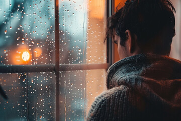 Wall Mural - Young man standing by a window, gazing out at the rainy scene, wearing a warm sweater