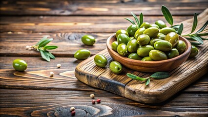Wall Mural - Fresh green olives on a wooden board, olive, food, Mediterranean, healthy, organic, snack, ingredients, cooking, diet