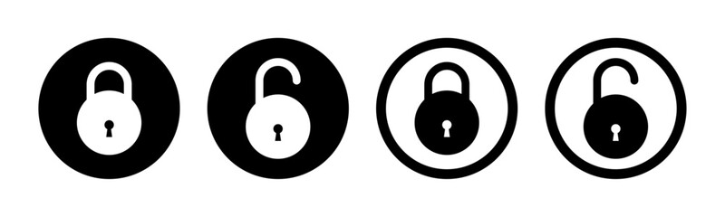 Wall Mural - Lock and unlock icon set in circle and stroke style in black and white color. Lock icon collection. Locked and unlocked black stroke icon. Flat security symbol. Vector Icon.