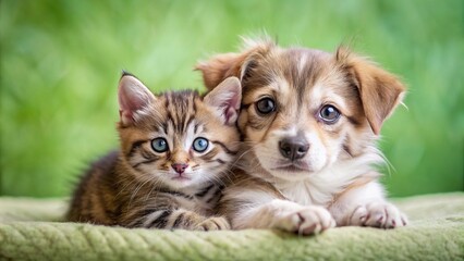 Wall Mural - Adorable green-eyed puppy snuggling with a cute kitten, cute, green-eyed, puppy, kitten, adorable, snuggling, friendship, pet