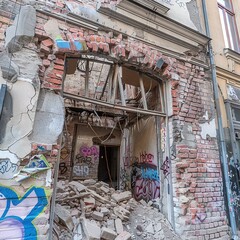 Sticker -   A structure featuring multiple pieces of graffiti adorning its façade and a nearby fire hydrant positioned in front