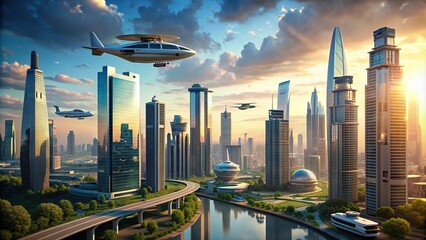 Futuristic cityscape with modern buildings and flying vehicles, futuristic, cityscape, urban, modern