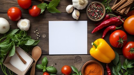 Wall Mural - Fresh vegetables and spices artistically arranged around a blank recipe card on a wooden table