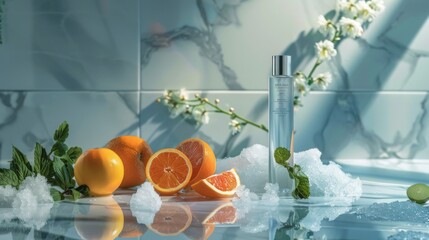 Aufkleber - A glass bottle with a silver cap sits on a bed of ice with fresh oranges, mint, and white blossoms in the background.